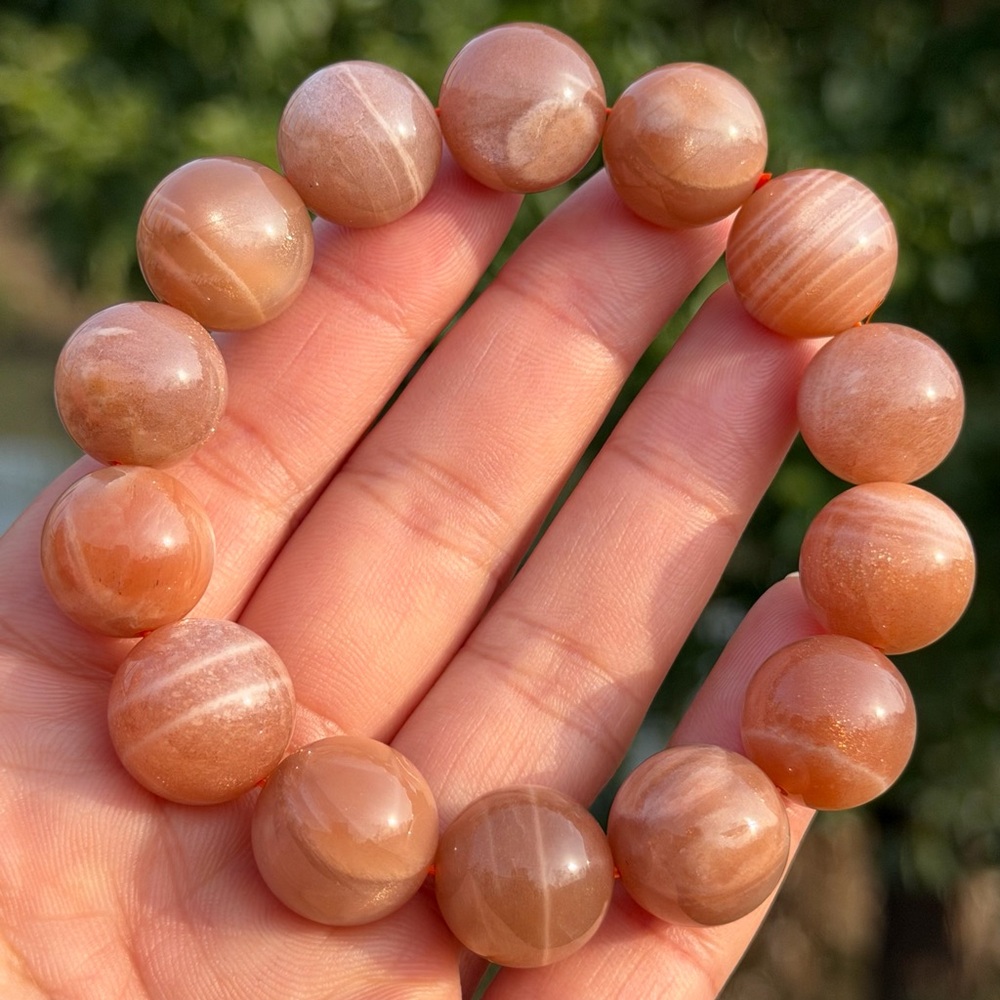 15mm chunky‎ stretchable flashy peach moonstone bracelet 1091